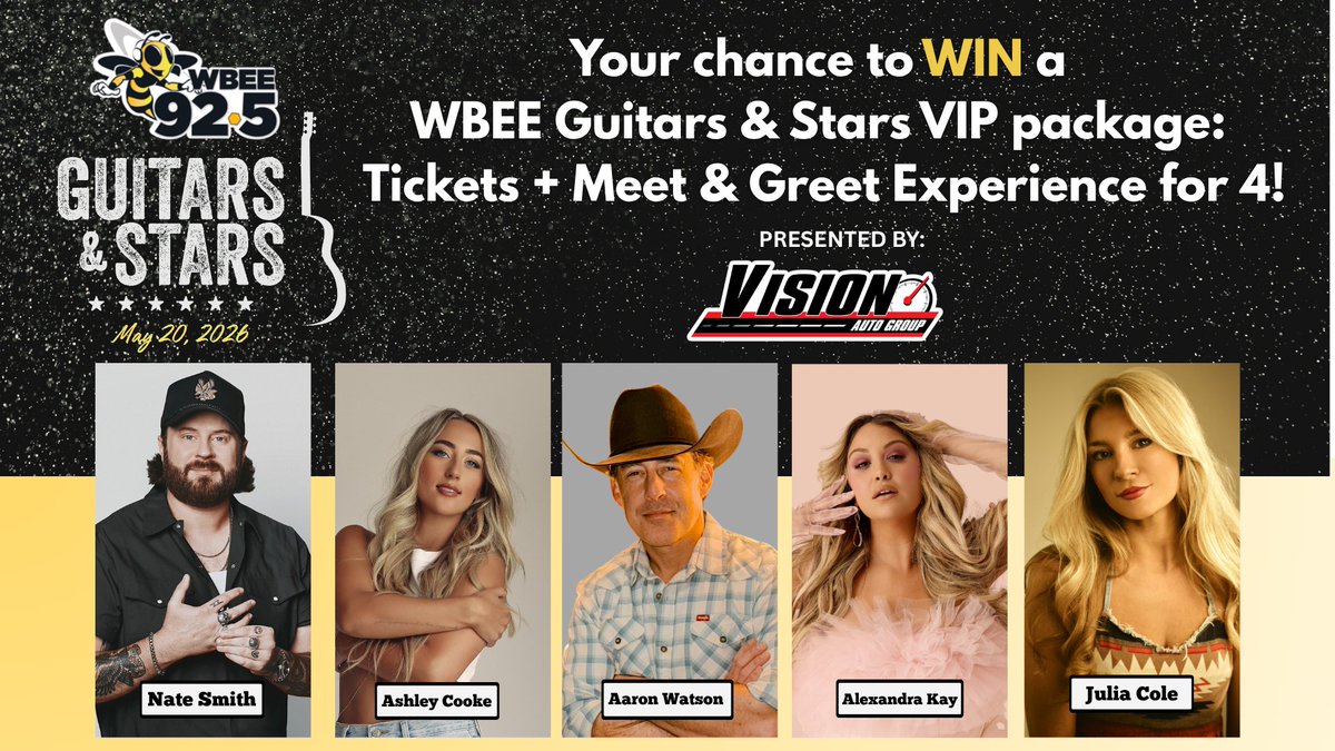 925WBEE's tweet photo. LAST CHANCE! Your chance to win a Guitars &amp; Stars VIP package, courtesy of Vision Auto Group. Visit one of their 12 Rochester area location to scan the QR code-you could score 4 tickets + 4 meet &amp; greets to Guitar's &amp; Stars on May 20th! Must be entered by 7pm tonight (5/15)! https://t.co/iB4WK26vBz