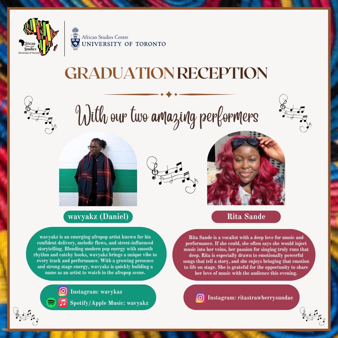 AfricanUoft's tweet photo. 📣✨ Announcing our two amazing performers for the Graduation Reception ✨

Meet our featured performers:
🎤Performer 1: @wavyakz 
🎤Performer 2: Rita Sande 

🗓️ Only 8 days left 
⏳ Registration closes May 19, 2026
🔗 Registration link https://t.co/NJ79lqyFkj https://t.co/O93Hk9mvUU