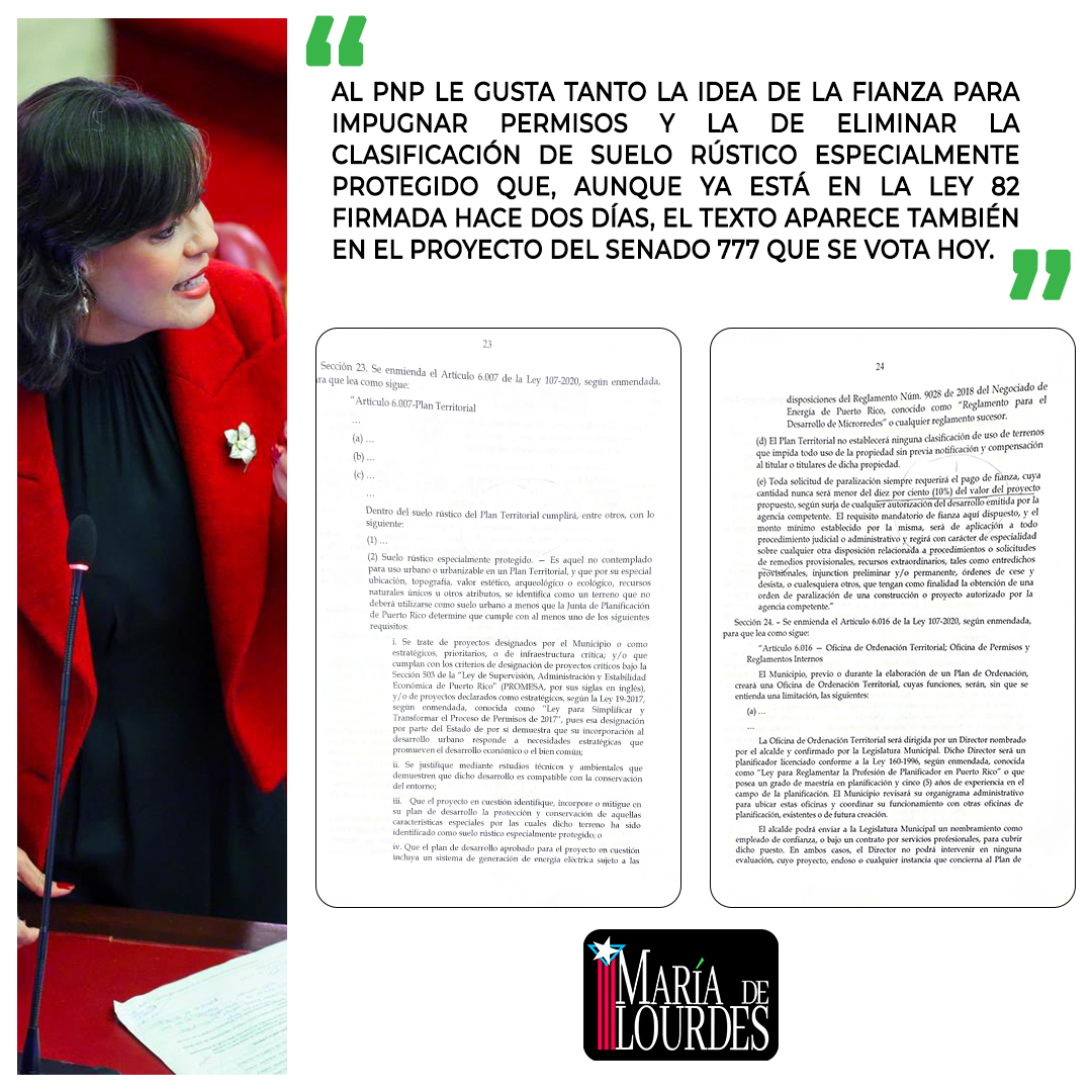 marialourdespip's tweet photo. Al PNP le gusta tanto la idea de la fianza para impugnar permisos y la de eliminar la clasificación de Suelo Rústico Especialmente Protegido que, aunque ya está en la Ley 82 firmada hace dos días, el texto aparece también en el Proyecto del Senado 777 que se vota hoy. https://t.co/5kaQfgXAeN