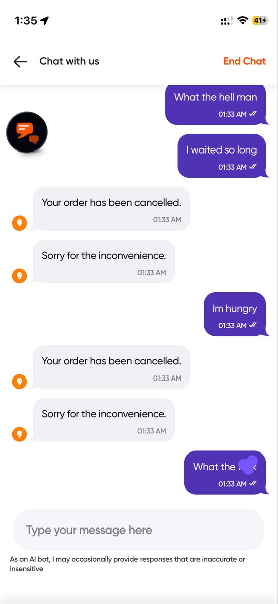 drkamal__'s tweet photo. Midnight cravings just served right by @Swiggy @SwiggyCares 
And this AI chat bot is broken. https://t.co/mALHm9pl9r