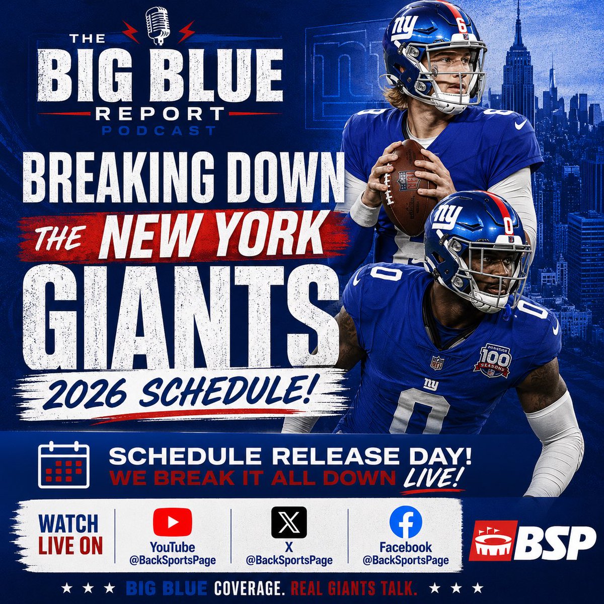 bigbluereport52's tweet photo. Join 2x Super Bowl champion and former #Giants defensive captain @jcasillas52 @RandyBSP and Ryan Darlington as they break down the @Giants 2026 schedule live tonight at 9:30pm EST. #NYG #NYGiants #BigBlue. Produced by @rstern33 for @BackSportsPage. https://t.co/MU1h6t4TR4 https://t.co/oXPwDBpts7