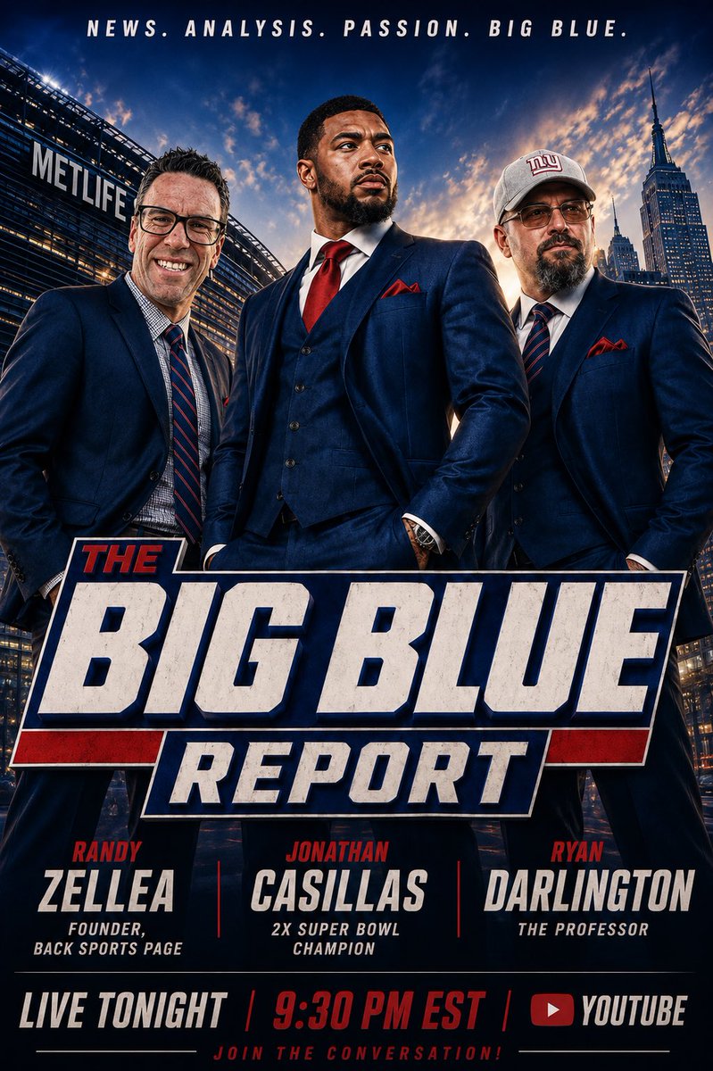 bigbluereport52's tweet photo. Join 2x Super Bowl champion and former #Giants defensive captain @jcasillas52 @RandyBSP and Ryan Darlington as they break down the @Giants 2026 schedule live tonight at 9:30pm EST. #NYG #NYGiants #BigBlue. Produced by @rstern33 for @BackSportsPage. https://t.co/MU1h6t4TR4 https://t.co/oXPwDBpts7