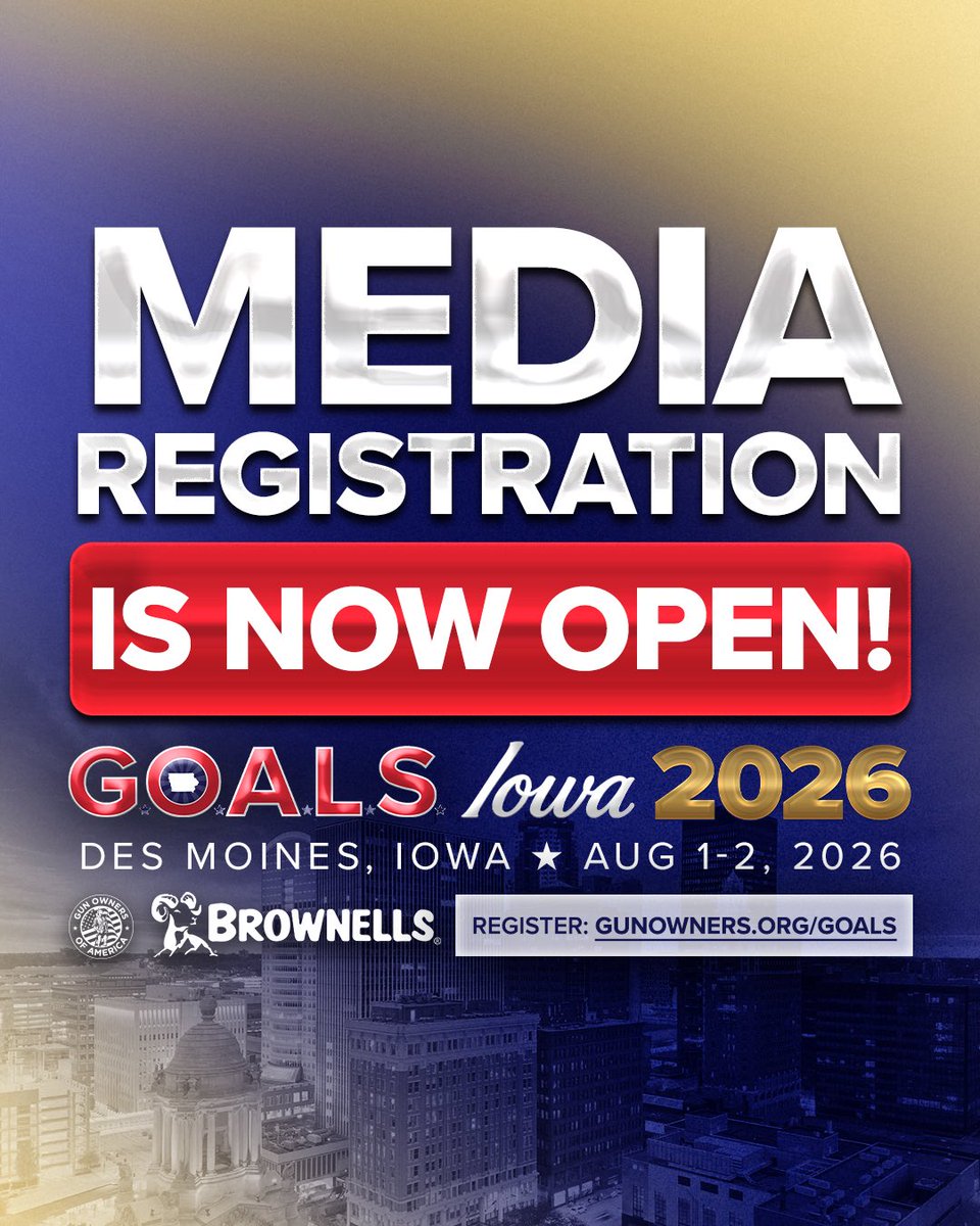 GOALS_Con's tweet photo. Media Registration is open for GOALS 2026!

Join us August 1–2 in Des Moines, Iowa, as we celebrate 50 years of No Compromise with full access to the boldest, most unapologetically pro-freedom event in the nation. Whether you’re a journalist, influencer, or content creator defending the Second Amendment, this is your front-row seat to history.

Click the link in our bio to apply now!