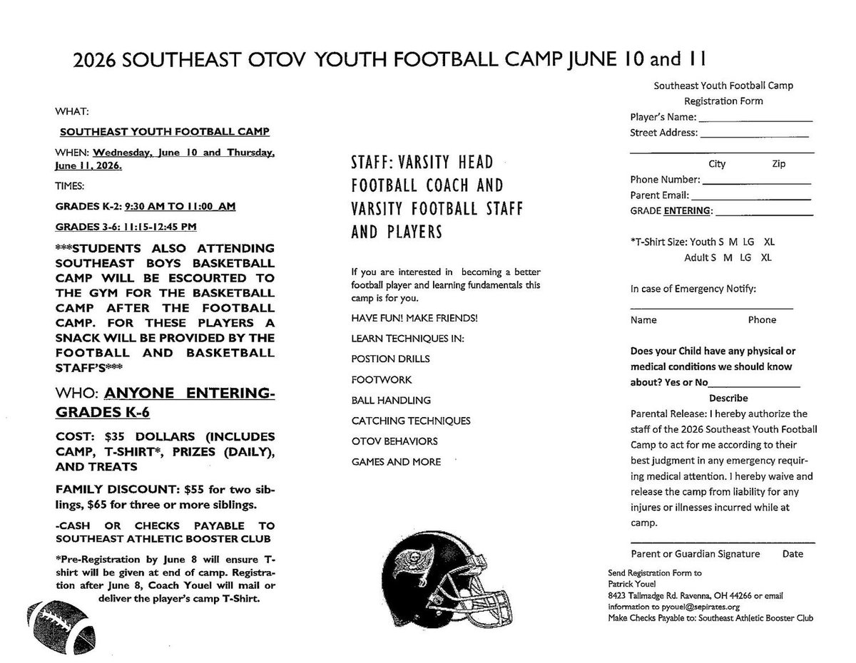 SEPirateBooster's tweet photo. Southeast OTOV Youth Football Camp Information https://t.co/gC0zQUpNtY