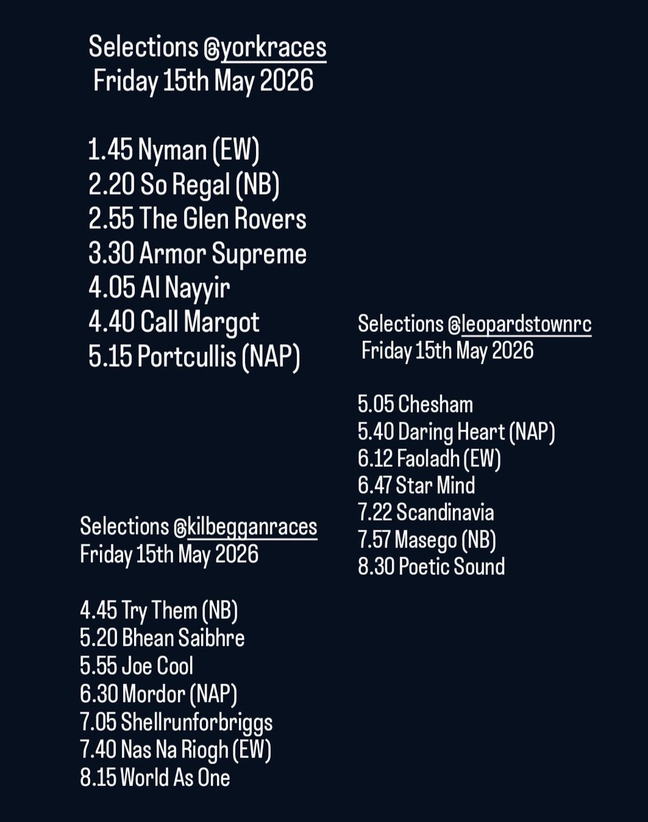 almarron's tweet photo. Evening folks!! Triple header of action for us on Friday, @yorkracecourse, @LeopardstownRC and also @KilbegganRaces.🥇🥈🥉🍀🏇

Any likes/reposts or follows much appreciated as always 👏 

Selections posted below ⏬️⏬️⏬️ https://t.co/Jn8j3HiYrt