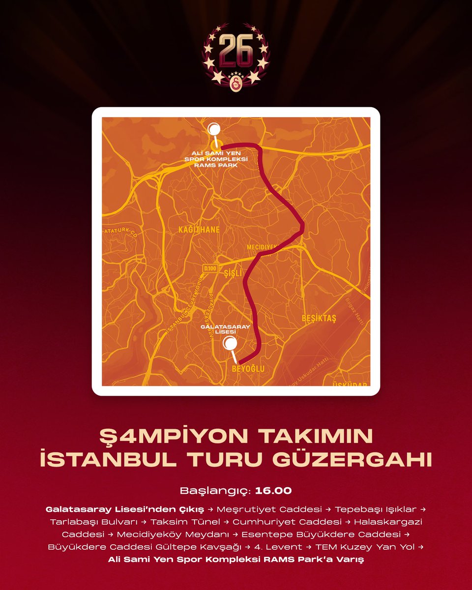 GalatasaraySK's tweet photo. 🏆 Şampiyon takımın saat 16.00’da Galatasaray Lisesi’nden başlayacak olan İstanbul turu güzergahı 🚌

#DörtDörtlükGece https://t.co/YkwNP0k6Ma
