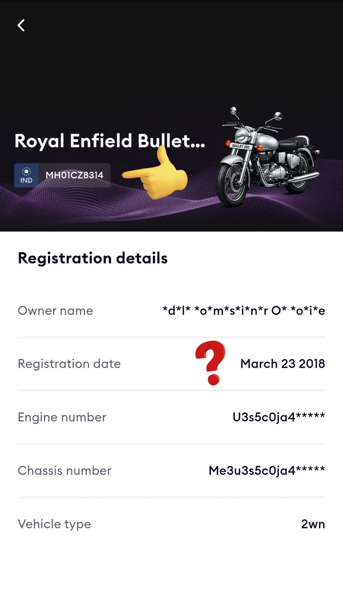 bingovikrant's tweet photo. Attention @Dev_Fadnavis @MumbaiPolice @CMOMaharashtra I noticed a discrepancy regarding the Royal Enfield - Stealth Black Edition  (MH01CZ8314) ridden by the Hon. CM today. Vahan Records indicate that : this no. plate is registered to a March 2018 Royal Enfield  model with a UCE https://t.co/hnRDvNH8DV