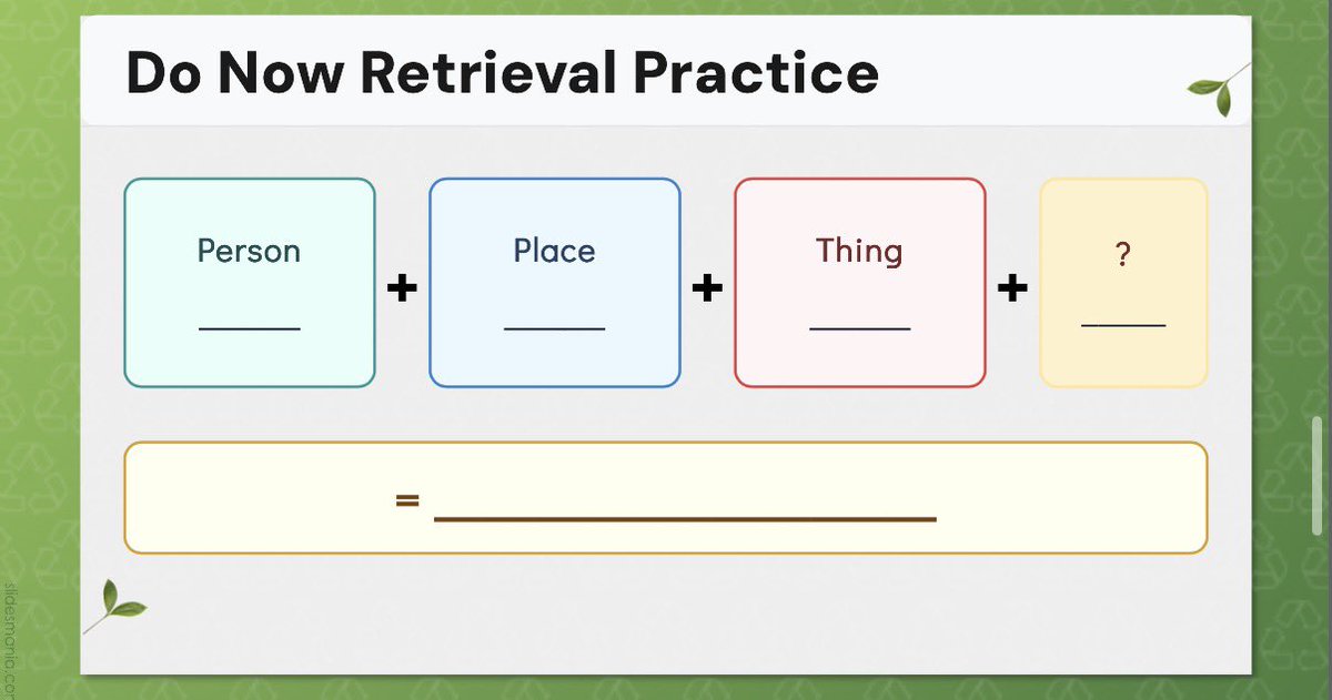 SoLInTheWild's tweet photo. This is one of my favorite retrieval practice techniques. Students begin by essentially brain-dumping all the people, places, and things they know about a concept. Then, they select one from each category, build an interaction among the three, and think through what would result from that interaction. After that, they exchange papers with a shoulder partner, who introduces a fourth element and determines how the interaction, and resulting outcome, changes.

What I appreciate about this process is that it moves students beyond simple rote memorization of inert knowledge, which can happen when retrieval practice becomes little more than answering the same rotation of recall questions repeatedly, and toward more meaningful learning that is connected to prior knowledge across different contexts and, ideally, more transferable. Students are not just recalling isolated facts; they are actively building relationships among concepts, causes, systems, and outcomes.

I’d also note that this is not a technique I would use while students are still in the acquisition phase of the instructional hierarchy, when much of the knowledge has not yet been solidified in long-term memory. This strategy is better suited for the fluency and application phases, when students are ready to manipulate, connect, and extend what they know.

Sidenote: Slides are still something I use sparingly when they suit the purpose better than live diagramming, modeling, or writing on the visualizer. In this case, a slide format like this is simply more efficient for student completion and pacing. I mention that because of some recent black-and-white discussion around “never using slides again.” There’s obviously far more nuance to it than that.