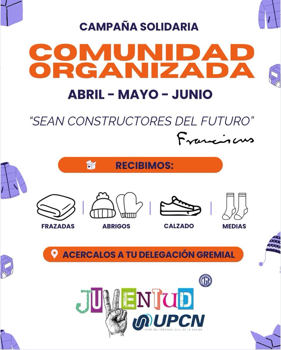 UpcnTransporte's tweet photo. CAMPAÑA SOLIDARIA "COMUNIDAD ORGANIZADA"

En este invierno, volvemos a apostar a la organización y la solidaridad para acompañar a quienes más lo necesitan.

Estamos recibiendo donaciones de ropa de abrigo y frazadas para ayudar.
Podés acercar tu donación a tu delegación gremial https://t.co/PZfrnORl6Z