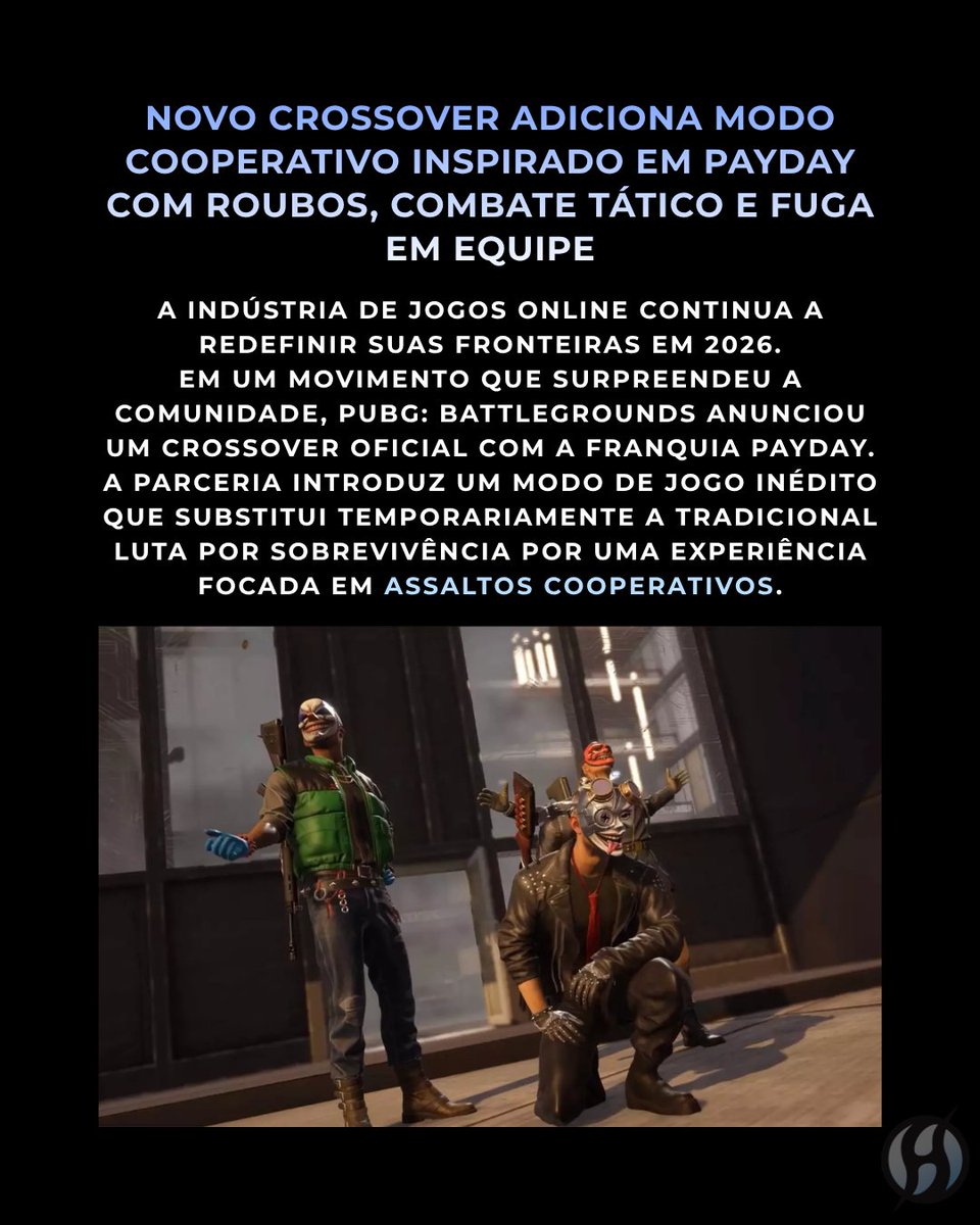 GameHall's tweet photo. O crossover que ninguém pediu, mas que faz todo sentido! 🔫💼

PUBG anunciou uma parceria inédita com a franquia Payday, trazendo um modo cooperativo de assalto para o battle royale. Sai a sobrevivência no mato, entra a estratégia de roubo, invasão e fuga tática.

O mercado de live services continua provando que não existem mais limites para os jogos online.