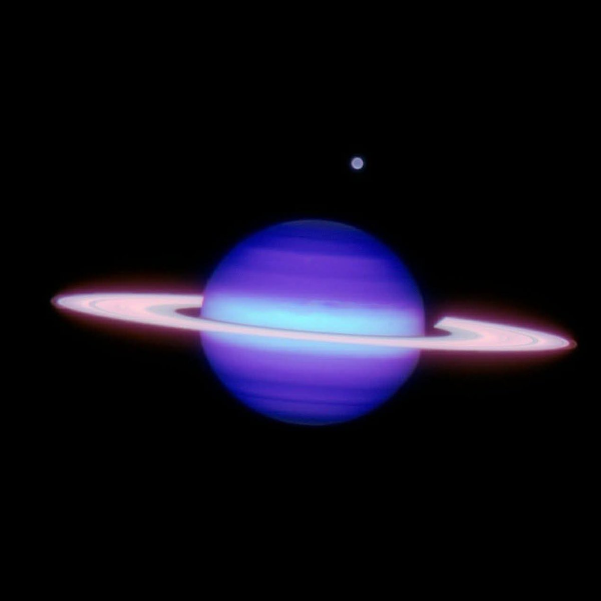 konstructivizm's tweet photo. Saturn in ultraviolet light captured by Hubble in 2003 🪐
Here we see the rings at their maximum tilt (27 degrees toward Earth). Like Earth, Saturn has seasons, but they are much longer due to the tilt of its axis. Approximately every 30 years, we get this exceptional view of the planet's south pole and the southern face of its rings.
