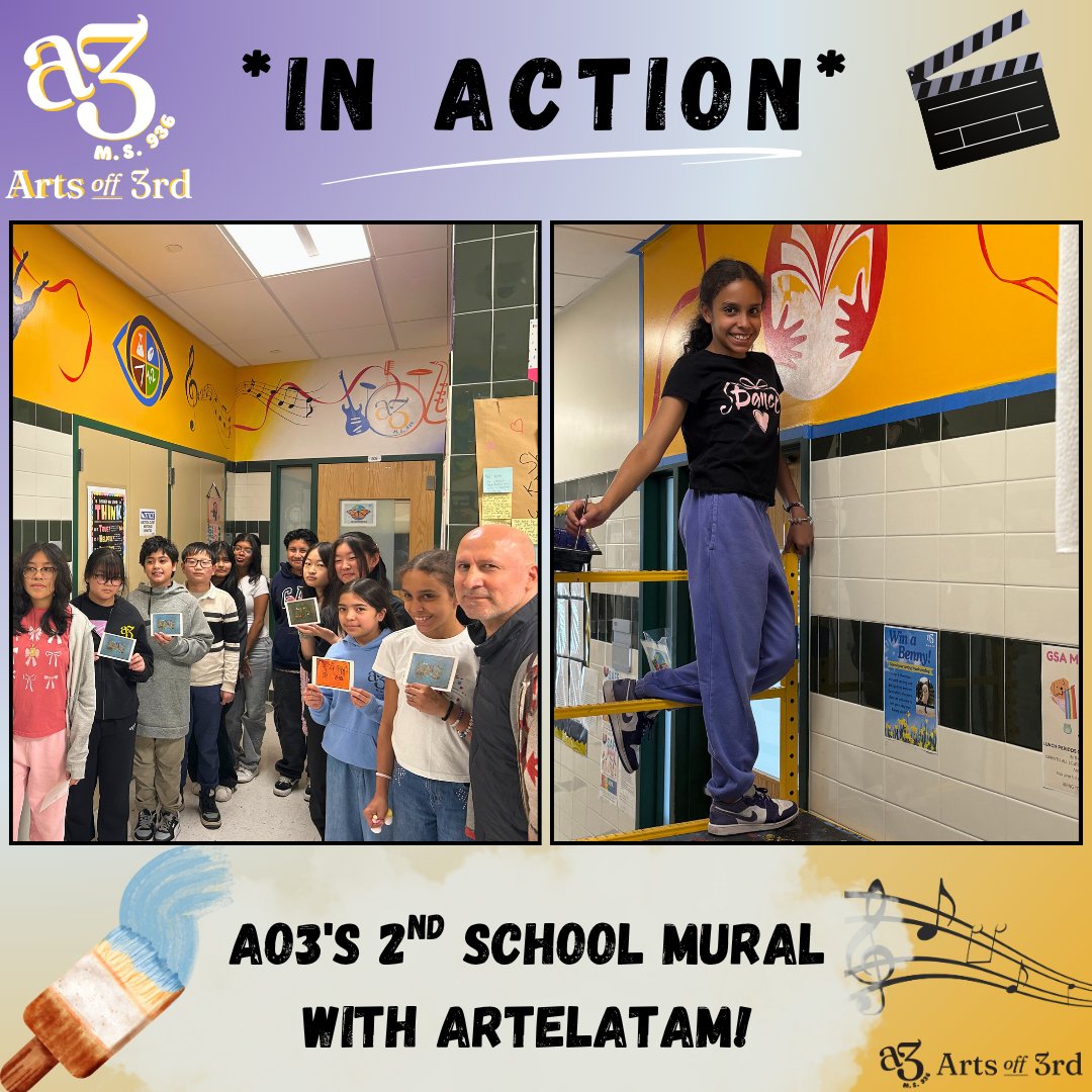 ArtsOff3rd's tweet photo. Our scholar-artists are leaving their mark on #AO3 forever! 🎨 🖌️ 

Huge thank you to ArteLatAm for collaborating with our students on our second-ever school mural! 💛

1/2 ⤵️🧵 https://t.co/PdPfjXHY4j