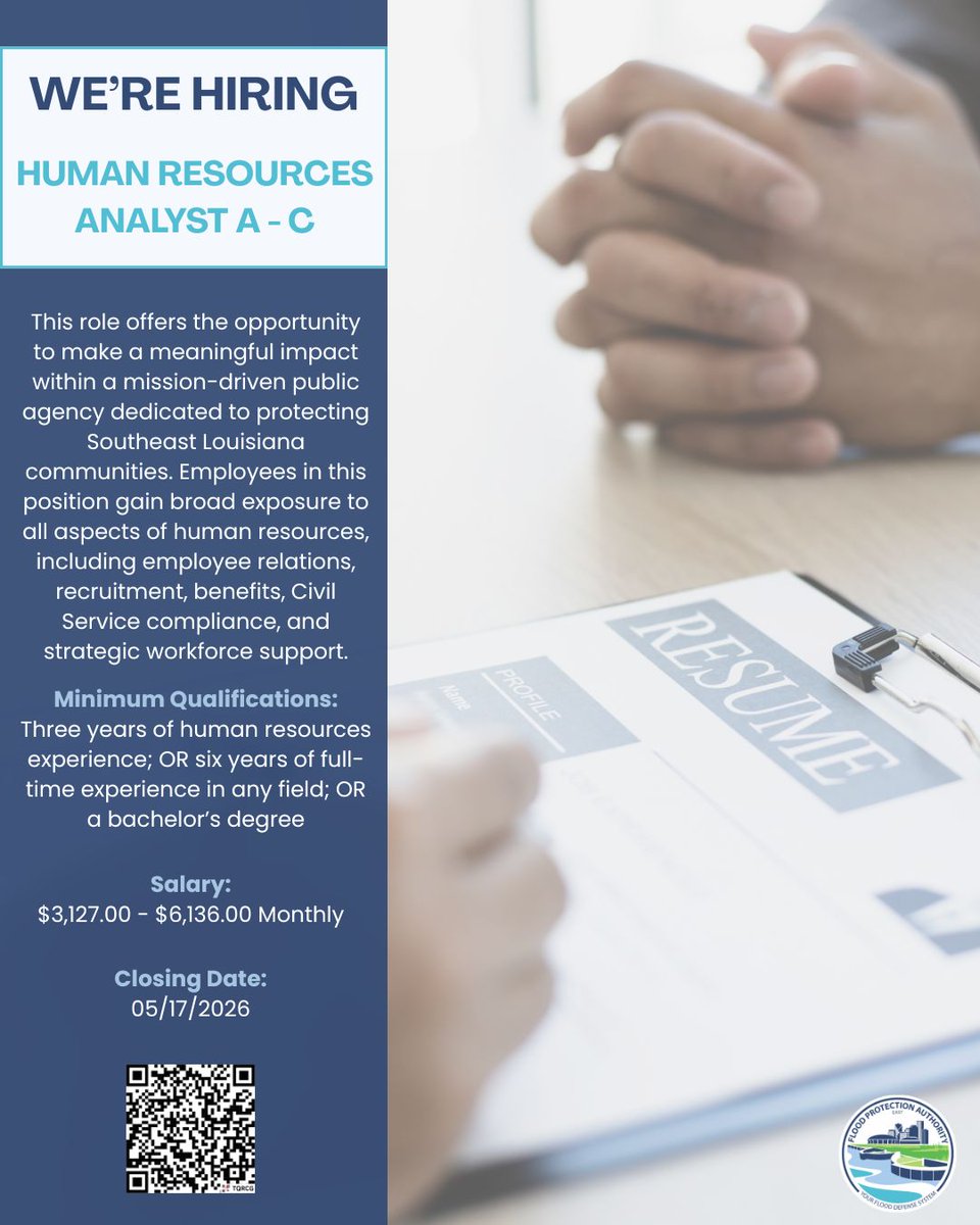 SLFPAE's tweet photo. We’re hiring a Human Resources Analyst to support recruitment, employee relations, workforce initiatives, and more while helping protect Southeast Louisiana communities.

This position closes May 17.

For more info or to apply, visit https://t.co/kaAKFDpDYS or scan the QR code. https://t.co/Zj29bPo7QN