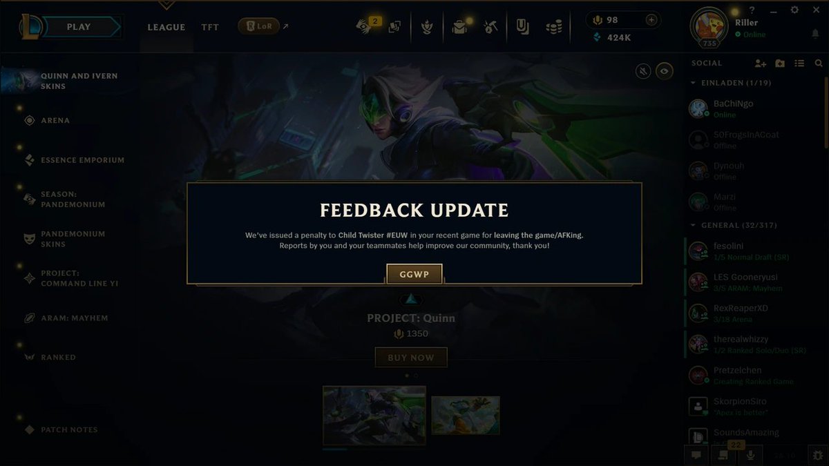 BrotherRiller's tweet photo. good system, played Arena 3x6, my mate had problems with League and had to restart his PC.
He went afk for half a round and came back, thank god the system punished him for this toxic behaviour. https://t.co/LNHuv5xZcZ