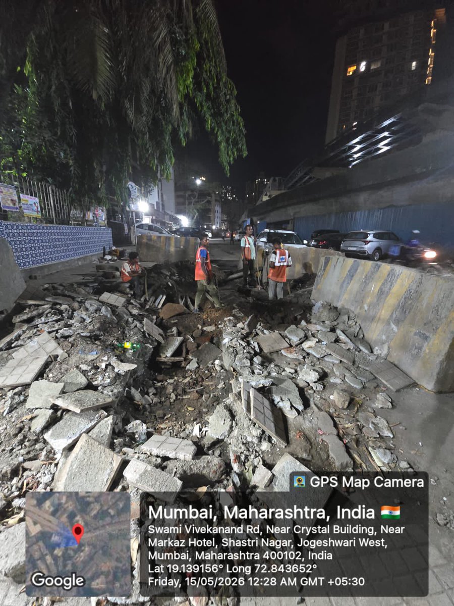 AbidTamboli5's tweet photo. Dangerous and massive without permission road excavation work is going on from Crystal Park to Sapphire Apartment near Markaz Restaurant, Near JVLR Bridge, Jogeshwari West, Mumbai:400102.

As seen in photos, excavation work is being carried out without displaying proper permission copy, work order details, contractor information board, safety signage or adequate pedestrian protection arrangements. Huge debris is scattered on road and footpath creating serious risk to public safety during night hours.

Requesting @MMRDAOfficial immediately inspect the site and impose penalty on J.Kumar for violation of excavation safety norms and unsafe execution work near JVLR Bridge.

@MMRDAOfficial #MMRDA #Jogeshwari #Mumbai #JVLR #RoadSafety #IllegalDigging