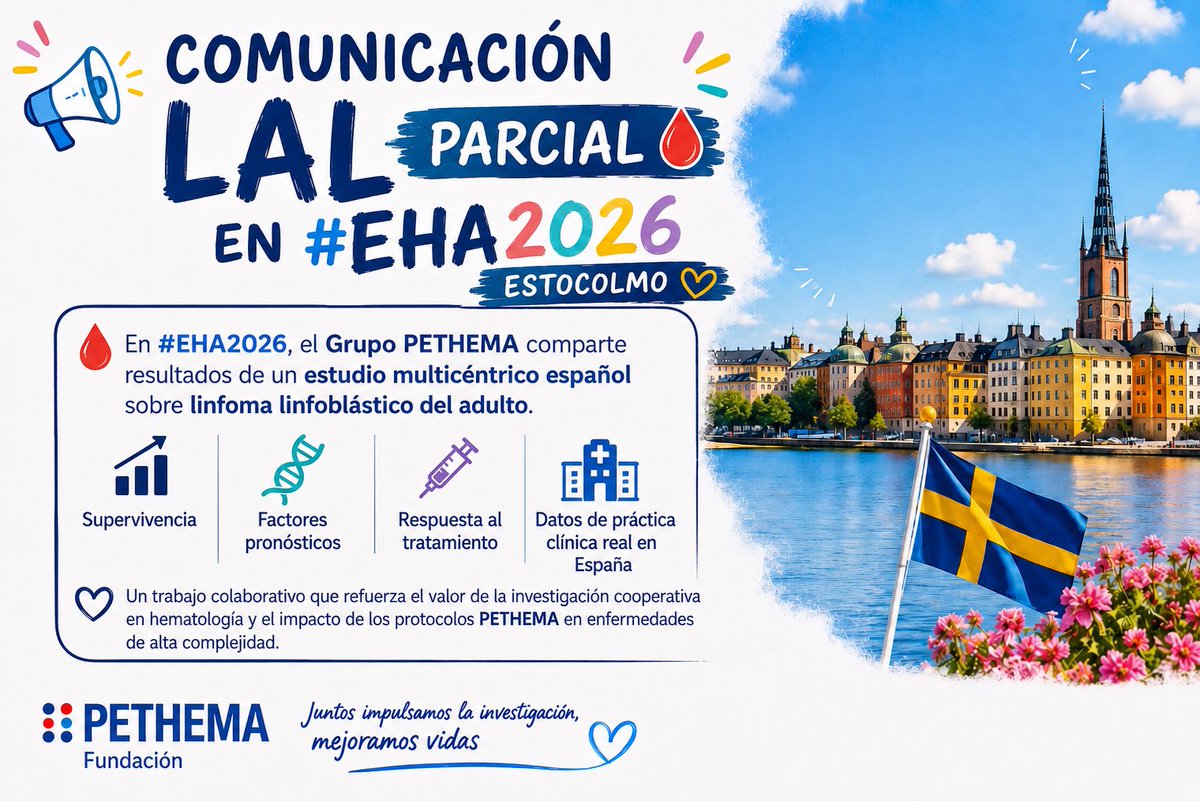 _pethema's tweet photo. X
#EHA2026 | PETHEMA presenta un estudio multicéntrico sobre linfoma linfoblástico del adulto en España: respuesta al tratamiento, supervivencia y factores pronósticos en práctica clínica real. Investigación cooperativa para seguir mejorando el abordaje de las hemopatías malignas https://t.co/ups3Dxabh3