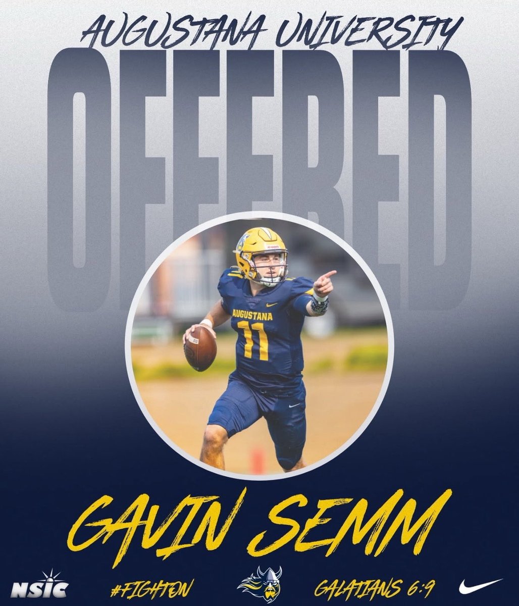 Gavin_Semm_QB's tweet photo. After a great talk with @coachscholten , I am extremely grateful and honored to receive a scholarship offer from @AugieFB !

Go Vikings!

@SoutheastFB @casecedric_x @Coach_Greyson @CreightonReed @NEBHSFB @PrepRedzoneNE @NENextt https://t.co/cZ5HpjbebJ