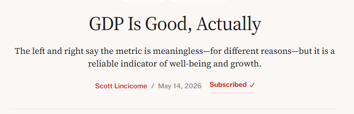 scottlincicome's tweet photo. The nationalist right criticizes pro-growth policies as "fetishizing" GDP; the progressive left wants outright "degrowth."

My new @thedispatch column explains why both are badly wrong: GDP is (pretty) good and, if anything, understates modern well-being:
https://t.co/vMnWSsMXUD
