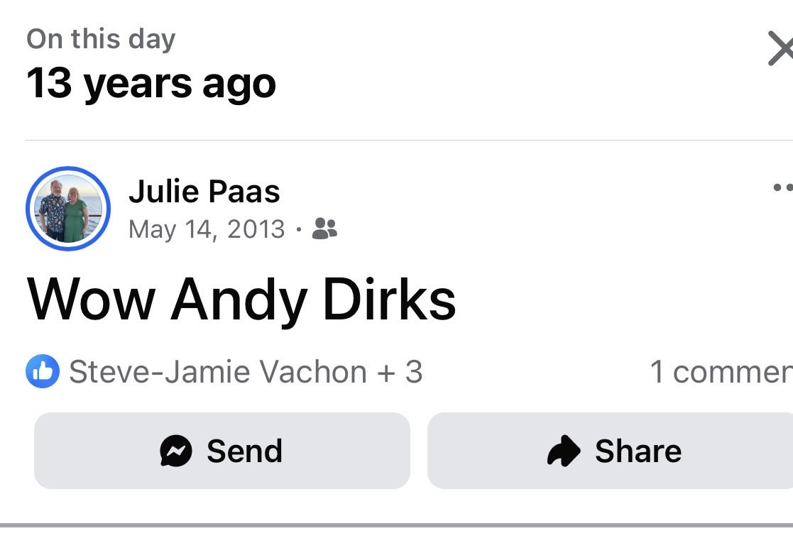 julesgr59's tweet photo. Wondering what @andydirks12 did 13 years ago https://t.co/w4Qo9zfm6A