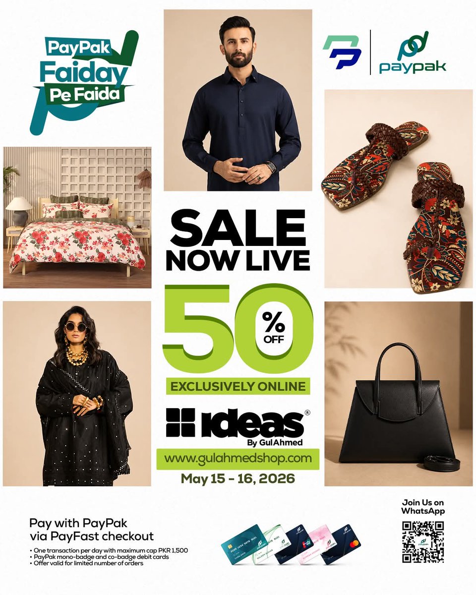 ramish_azeem's tweet photo. IT’S LIVE: 50% OFF ON IDEAS BY GUL AHMED! 

Your favorite styles are just a click away.

May 15-16, 2026.
Shop here: https://t.co/N25SrOqRzb

Activate your PayPak Debit Card and start shopping.

PayPak Hai? Tou Faiday Pe Faida Hai!
T&amp;Cs apply https://t.co/zGsEBmrhGt