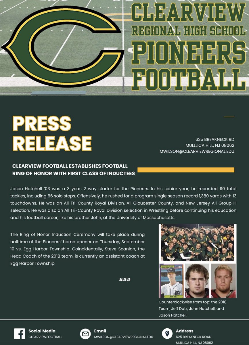 ClearviewFB's tweet photo. Ring of Honor Announced! 

@viewathletics @wilson2882 @AmarCoach @CoachMove @kminnicksports @McGurkSports @core_coach https://t.co/V9OfEP5scZ