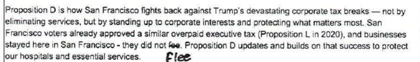 griffinlee415's tweet photo. "Businesses stayed here in San Francisco." 

Prop D supporters are lying. Lying. 

Vacancy is at 32-34% today. Pre-2020 vacancy was 5-6%. 

Office visits as of last Fall were 40% of pre-pandemic levels. 

Vote NO on D today. 

Follow @ConnectedSF Voter Guide for more on why No on D. 

*Image below is part of the Proponent Argument for Prop D.