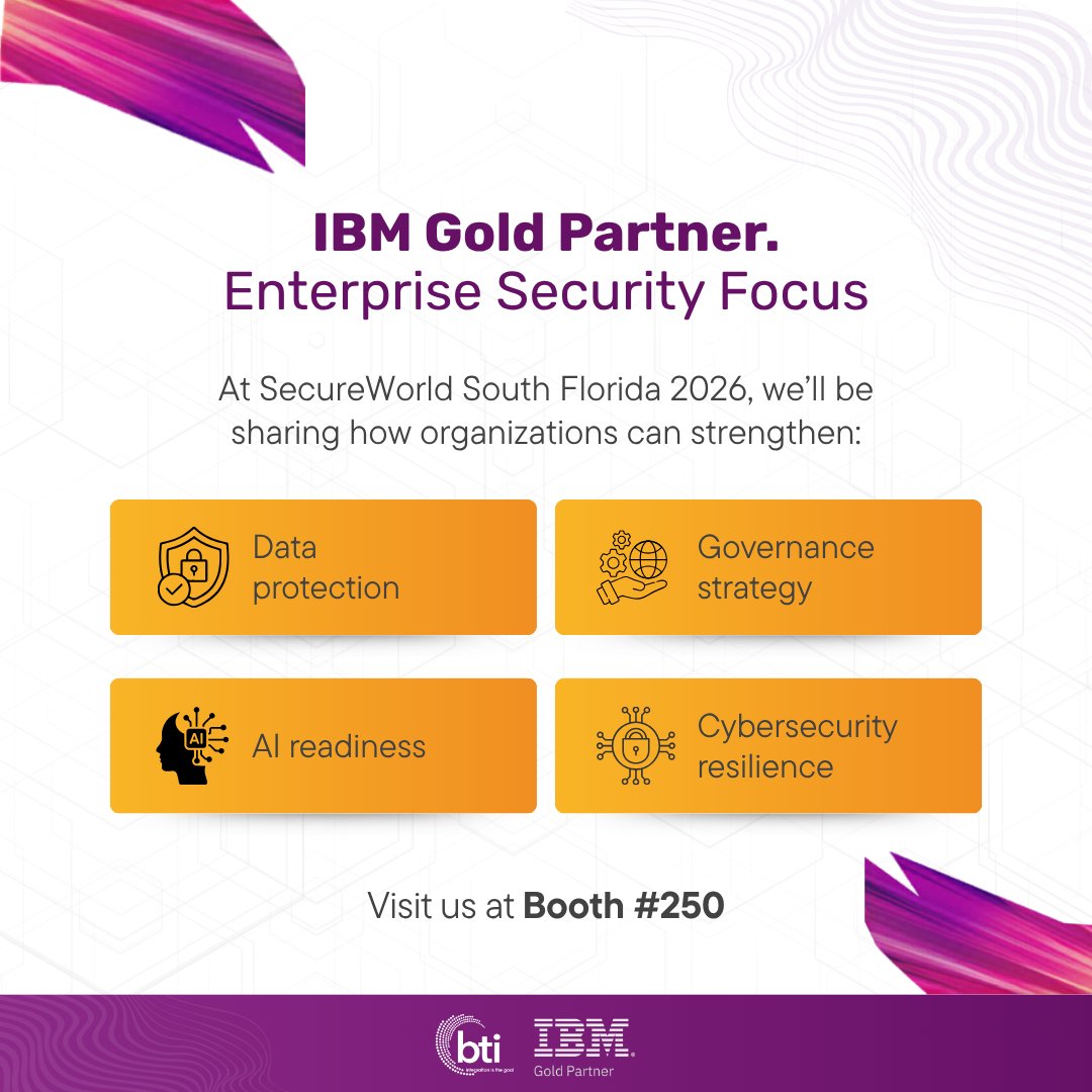 BTIPR's tweet photo. As an IBM Gold Partner, BTI helps organizations connect technology, strategy, and execution.

At SecureWorld South Florida 2026, visit us at Booth #250 to discuss AI, Data Governance, Security, and how to move your strategy forward.

Stop by Booth #250 on May 21. https://t.co/LovLuxX53C