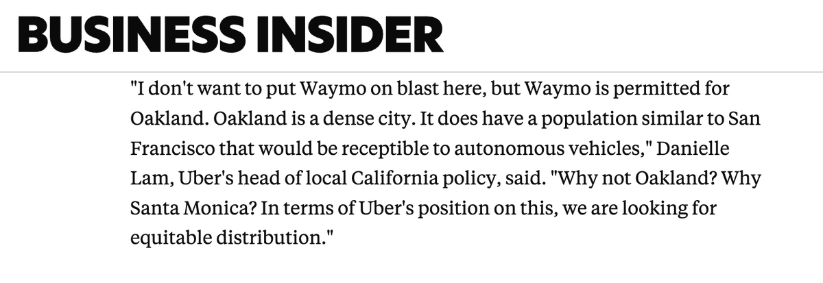 ethanmckanna's tweet photo. Uber is just straight out lying here. Waymo applied but hasn't got CPUC clearance yet so they legally can't operate in Oakland https://t.co/fQiWt4pkJH