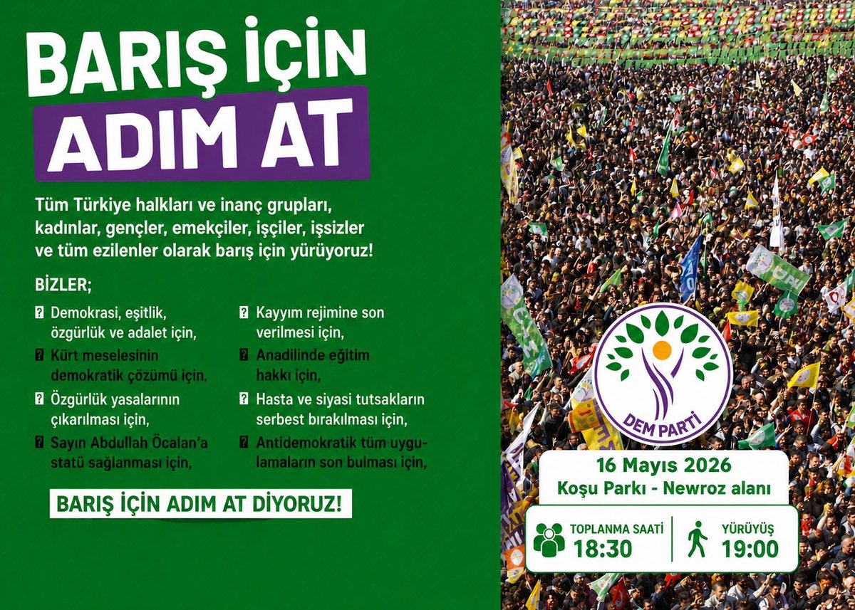 demadiyaman's tweet photo. 🕊️ Barış için bir adım da sen at!

🗓️ 16 Mayıs
⏰ 19.00
📍 Yeni Mahalle Koşu Parkı

#BarışİçinAdımAt #DEMParti #Adıyaman https://t.co/SK0Y5Q3say