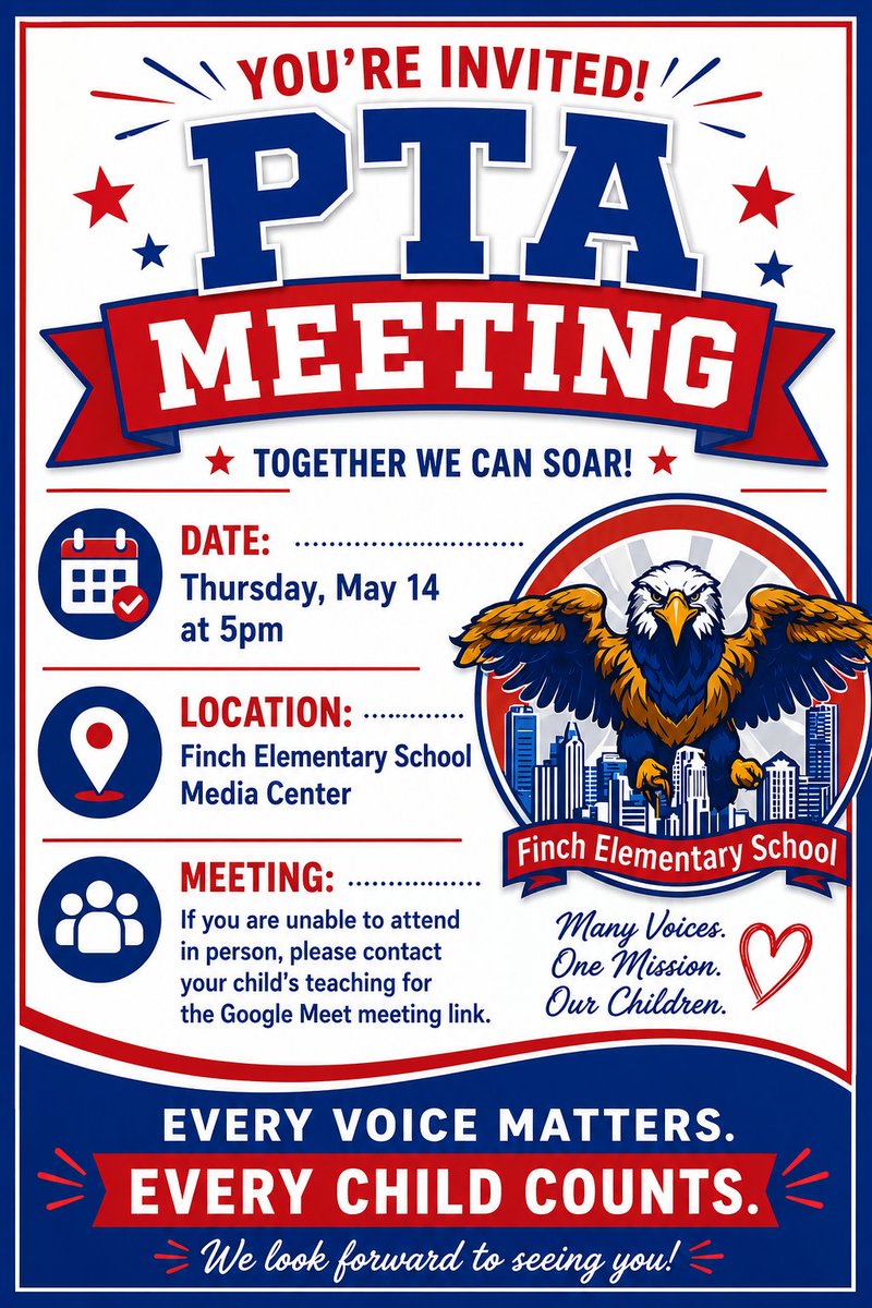 APSFinchEagles's tweet photo. Attention Finch Family, Please join us for our PTA meeting today at 5pm.  If you are unable to attend the meeting in person, please contact your child's teacher for the virtual link.  We look forward to seeing you!
@apsupdate
@DrTSpencer
@CuylerBentley https://t.co/DbCSWhFS2c