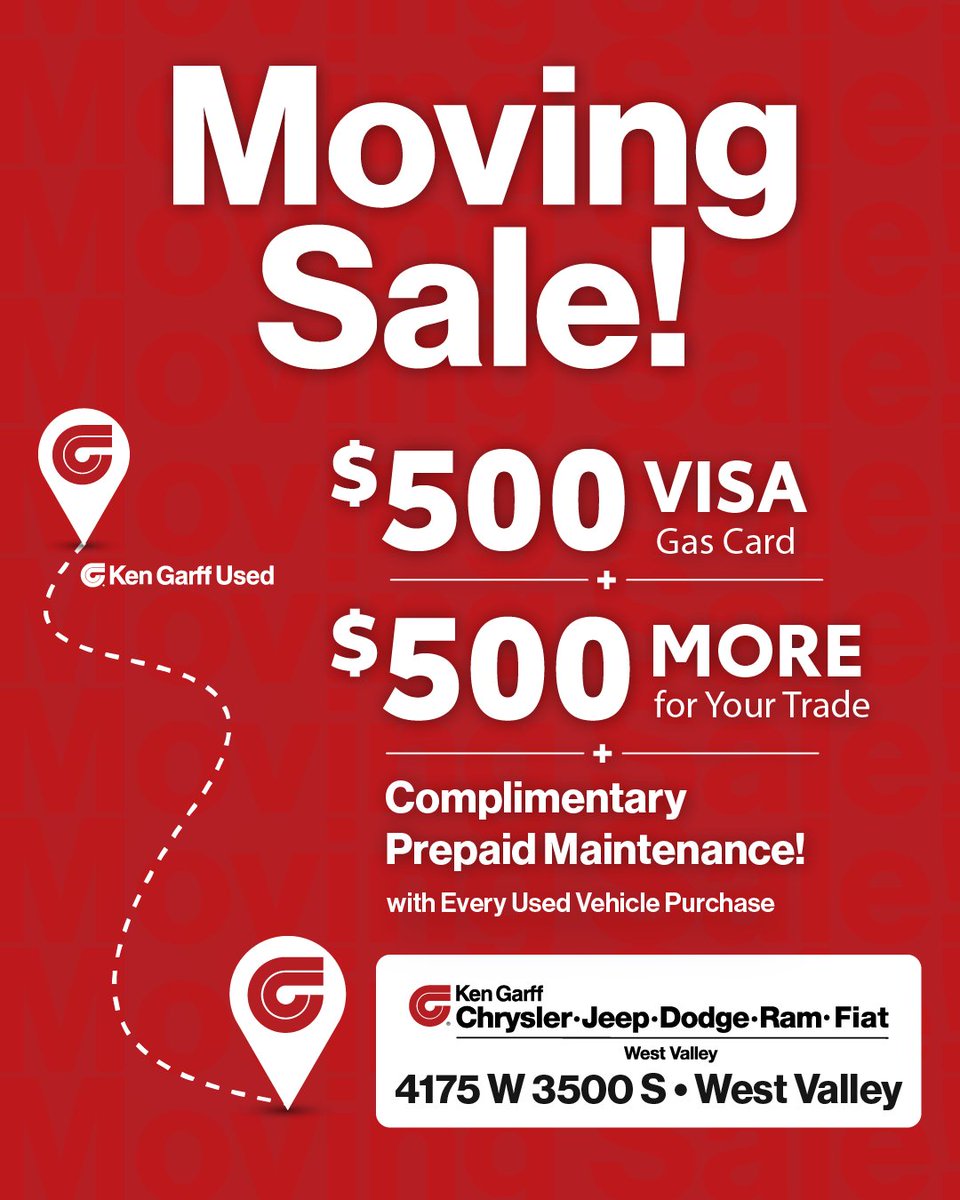 KenGarffUsed's tweet photo. 🚨 WE’RE MOVING ��

Our used inventory is moving from our Bangerter Highway lot down the street to Ken Garff West Valley Chrysler Jeep Dodge Ram — but before we make the move, we’re giving YOU the chance to save big during our Moving Sale! 🎉

Shop now: https://t.co/L4Tt6Tfwel https://t.co/3ewbQqrKOK