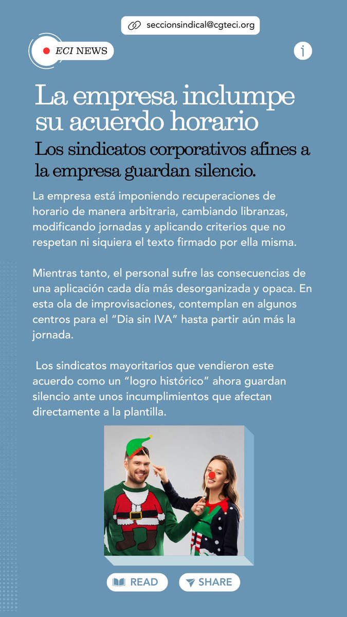 CgtCorteIngles's tweet photo. ❌🕞La empresa incumple su acuerdo horario.
📢 CGT hemos presentado una reclamación y somos una vez más los únicos que no hemos opuesto a estos incumplimientos.
▪️Los horarios de recuperación no deberían establecerse arbitrariamente.
▪️El acuerdo recoge algunos límites y condiciones concretas, que ni siquiera están cumpliendo.
▪️La plantilla tiene derecho al cumplimiento de lo firmado.
#elcorteinglésnoesloqueera #cgt #derechoslaborales