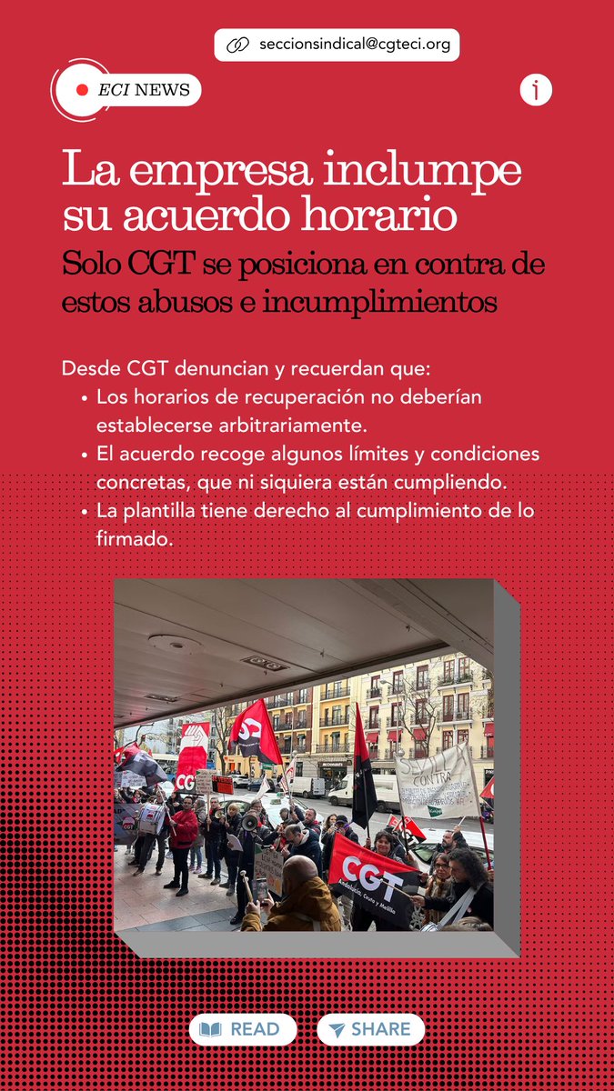 CgtCorteIngles's tweet photo. ❌🕞La empresa incumple su acuerdo horario.
📢 CGT hemos presentado una reclamación y somos una vez más los únicos que no hemos opuesto a estos incumplimientos.
▪️Los horarios de recuperación no deberían establecerse arbitrariamente.
▪️El acuerdo recoge algunos límites y condiciones concretas, que ni siquiera están cumpliendo.
▪️La plantilla tiene derecho al cumplimiento de lo firmado.
#elcorteinglésnoesloqueera #cgt #derechoslaborales