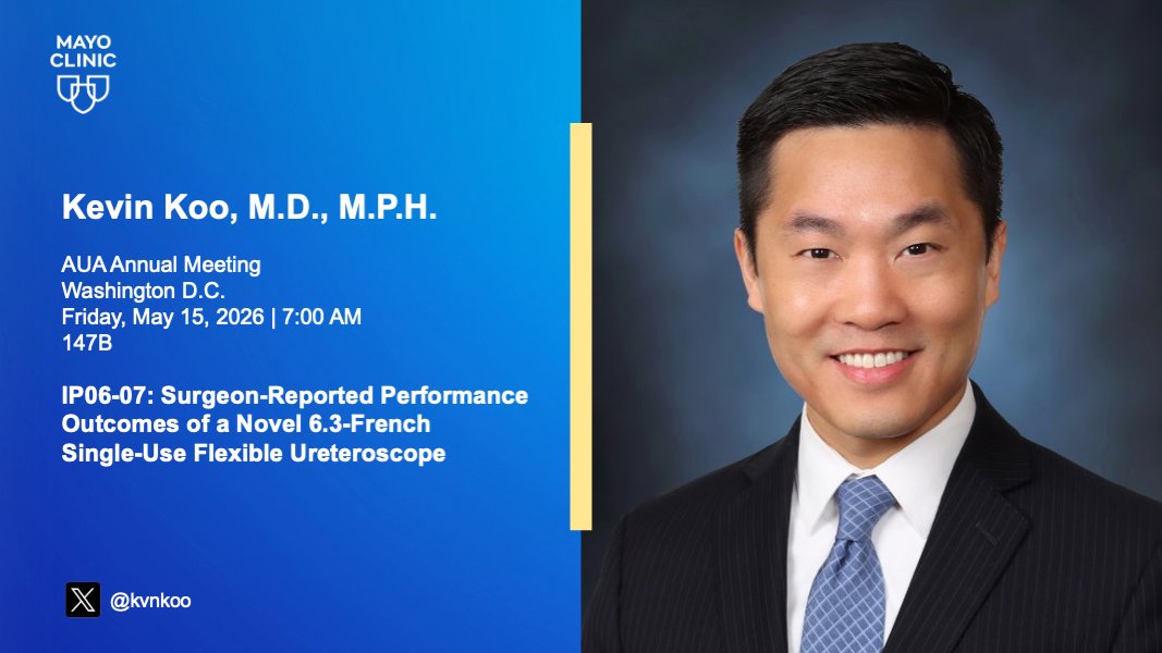 MayoUrology's tweet photo. At #AUA26, @Kvnkoo will present "Surgeon-Reported Performance Outcomes of a Novel 6.3-French Single-Use Flexible Ureteroscope"
⏰ Friday, May 15 - 7am
#Urology #Kidneystones
@AmerUrological https://t.co/jPiSr6W4Zc