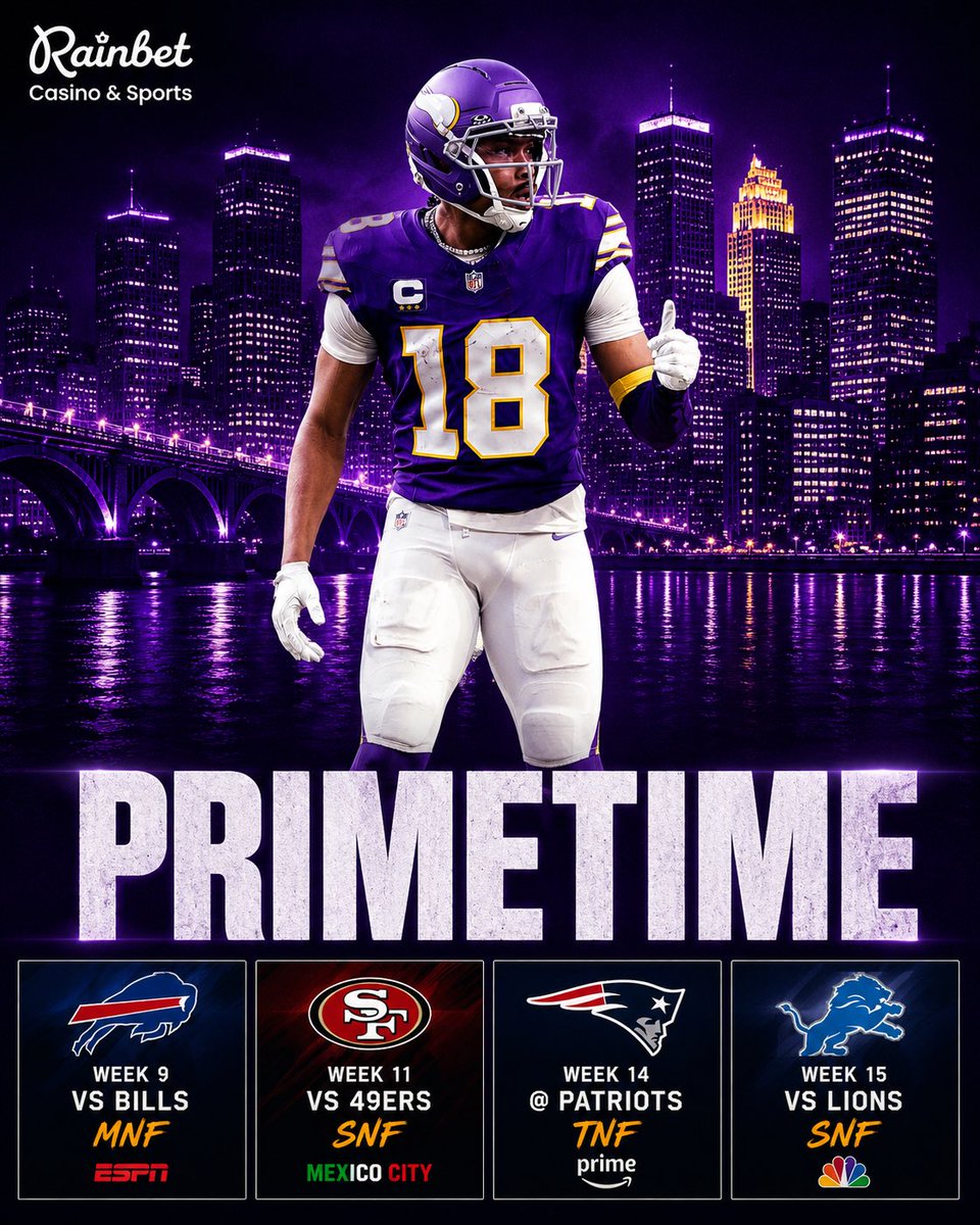 VikingNations's tweet photo. The NFL knew exactly what they were doing putting the #Vikings in primetime 4 times 😈💜

🏈 Week 9 vs Bills — MNF
🏈 Week 11 vs 49ers — SNF in Mexico City 🇲🇽
🏈 Week 14 @ Patriots — TNF
🏈 Week 15 vs Lions — SNF

Justin Jefferson under the lights all season long 👀🔥 #SKOL https://t.co/jmYteAhaYW