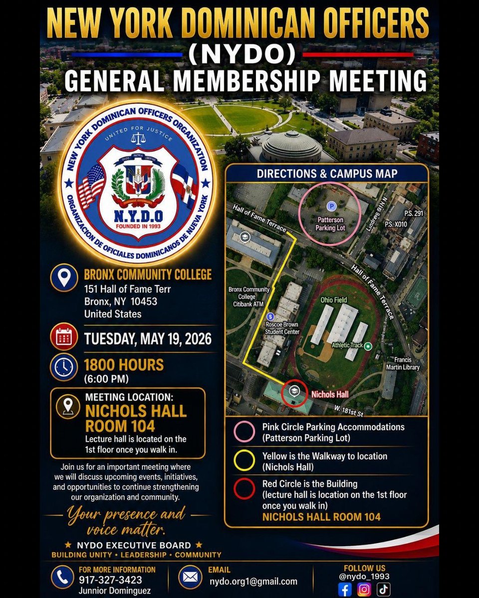 NYDO_1993's tweet photo. General Membership Meeting

Tuesday May 19th, 2026
1800 hours (6:00pm)

At Bronx Community College 
151 Hall of Fame Terrace
Bronx, NY 10453

Nichols Hall room 104

See you there! https://t.co/a6FlzEA0Tk