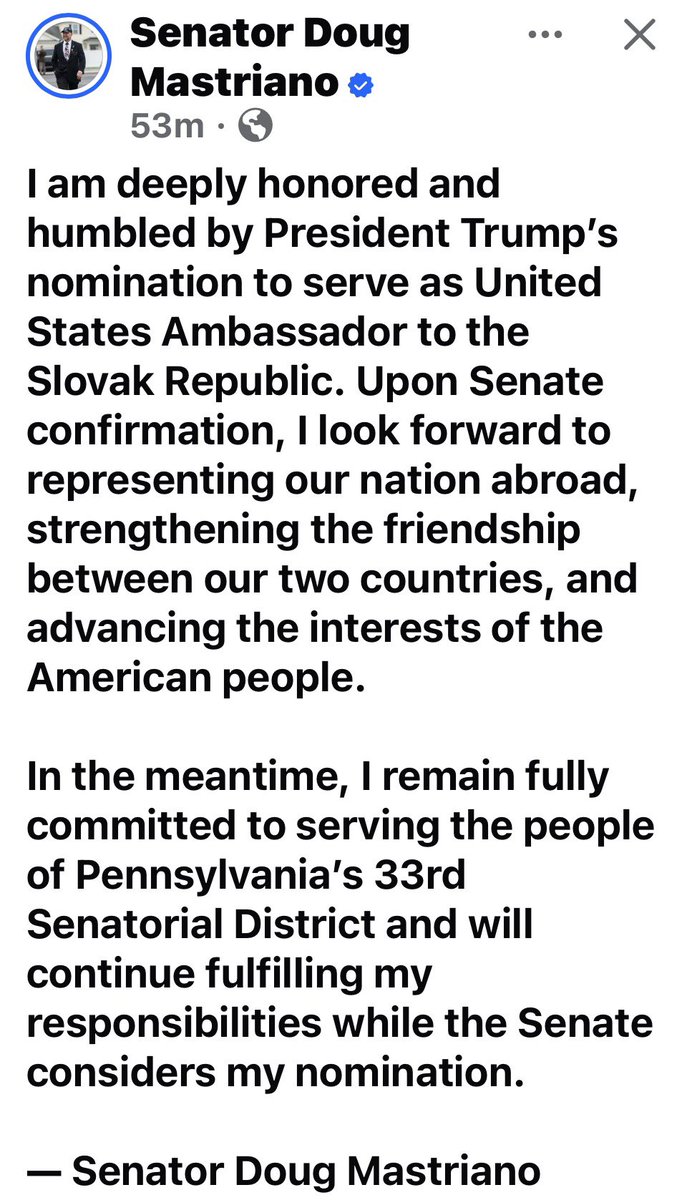 JoeMirarchi's tweet photo. Marvelous. The Real Reasons President Trump  picked Senator Doug Mastriano to be the next U.S. Ambassador to Slovakia. Click &amp; Read on:
https://t.co/b2Rd7DCSCp https://t.co/pomQyYDpgw