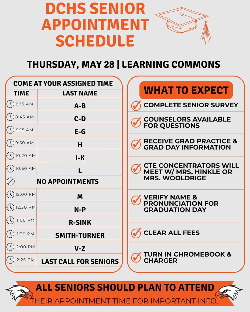 daviecountyhs's tweet photo. Seniors: Report to the Learning Commons on Thursday, May 28, during your assigned appointment time for important graduation info, senior tasks, and Chromebook/charger turn-in. #experiencedavie https://t.co/bULEFZS0s6