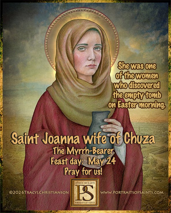 SaintPortraits's tweet photo. St. Joanna the Myrrh-bearer, pray for us! She was cured of evil maladies by Jesus, then followed &amp; provided for Him &amp; His apostles. (Luke 8:1-3) She was one of the women who discovered the empty tomb on Easter morning. https://t.co/PuhQf2rU6X https://t.co/yoM8CQAzWf