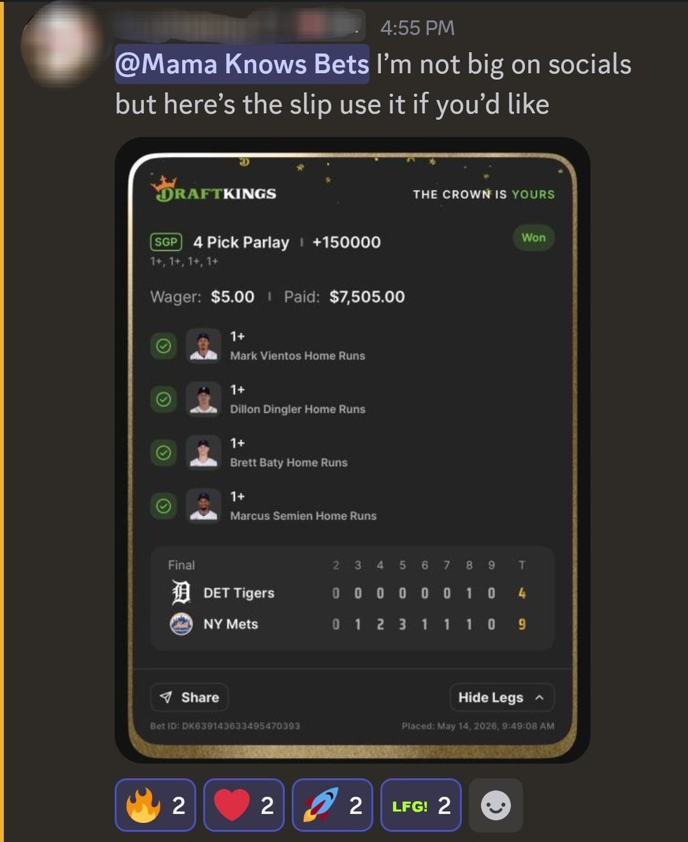 mamaknowsbets's tweet photo. $5 -> $7500 for a member following the Mama's Lab SGP bot 😱

And they just joined!!! 🥳🥳

Congrats again to those that caught it (not me 🥲), I hope we get another soon!!!! 🚀🚀 https://t.co/CLeoFEDpVR