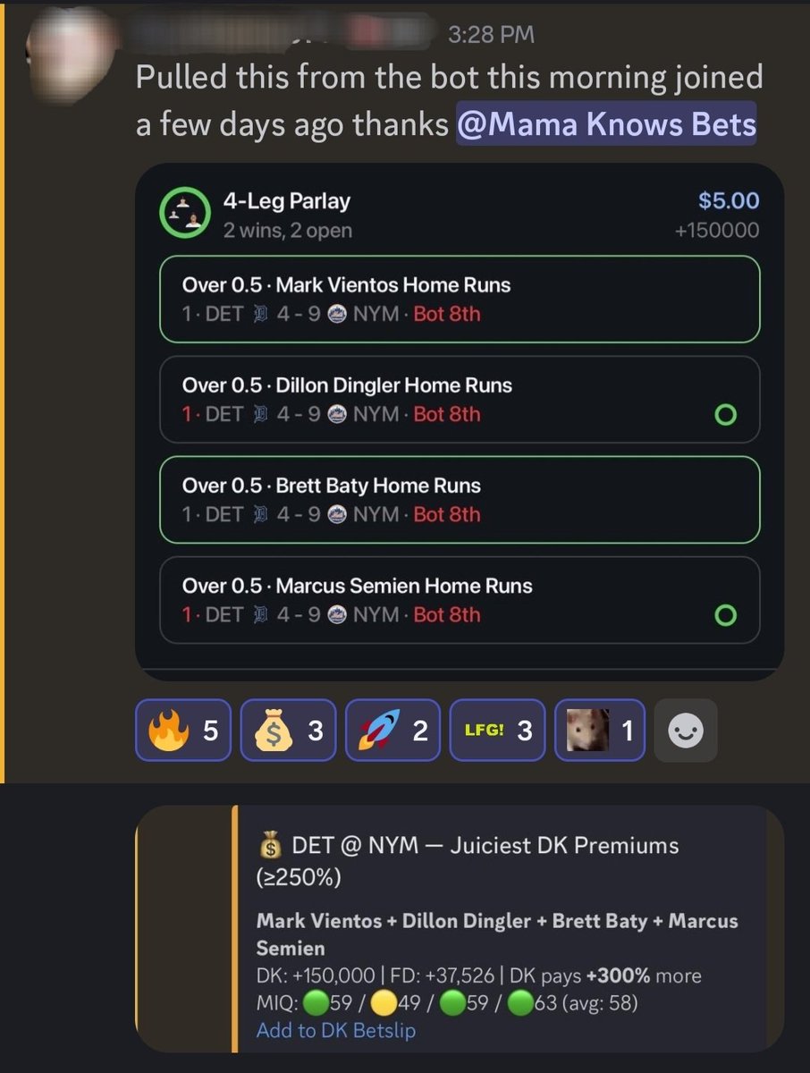 mamaknowsbets's tweet photo. $5 -> $7500 for a member following the Mama's Lab SGP bot 😱

And they just joined!!! 🥳🥳

Congrats again to those that caught it (not me 🥲), I hope we get another soon!!!! 🚀🚀 https://t.co/CLeoFEDpVR