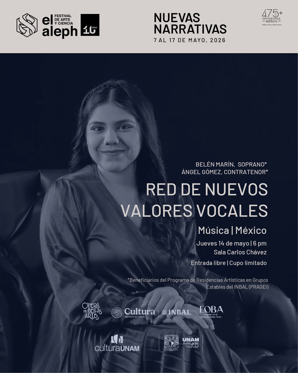 gkleinburg's tweet photo. Dense una vuelta hoy a las 6PM a la Sala Carlos Chávez del Centro Cultural Universitario y escuchen a dos importantes nuevos valores vocales mexicanos: la soprano Belén Marín y el contratenor Ángel Gómez, acompáñados por Amaury Ríos y Emmanuel Vieyra, respectivamente. Una actividad del @FestivalElAleph de @CulturaUNAM