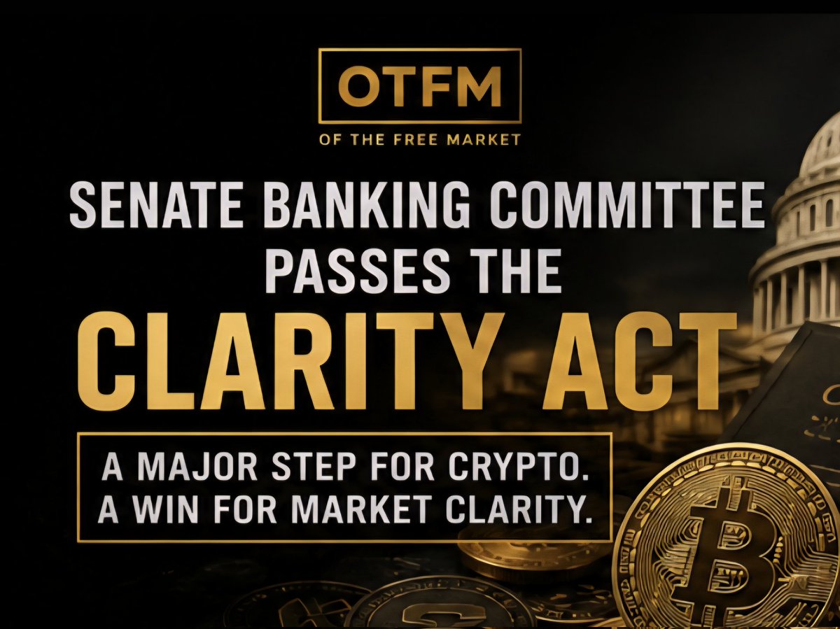 ofthefreemarket's tweet photo. The Senate Banking Committee just passed the CLARITY Act 15–9.

Digital assets are stepping out of regulatory gray space and into structure.

Markets reward clarity.
Capital follows certainty.
Innovation follows freedom.

Big things coming for crypto 🚀🚀🚀 https://t.co/w0OwpXINGj
