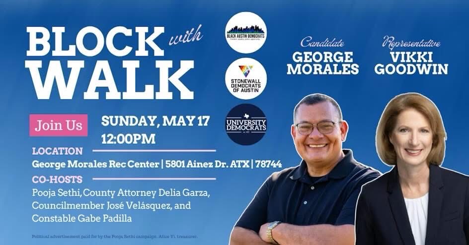 susieduarte's tweet photo. Join us for a community block walk this Sunday, May 17 at 12PM with candidate George Morales and Representative Vikki Goodwin.
📍 George Morales Rec Center
5801 Ainez Dr.
Austin, TX 78744

Register here:
Mobilize Event Registration

https://t.co/dbUzelwqCn https://t.co/UxPRiqgMEp