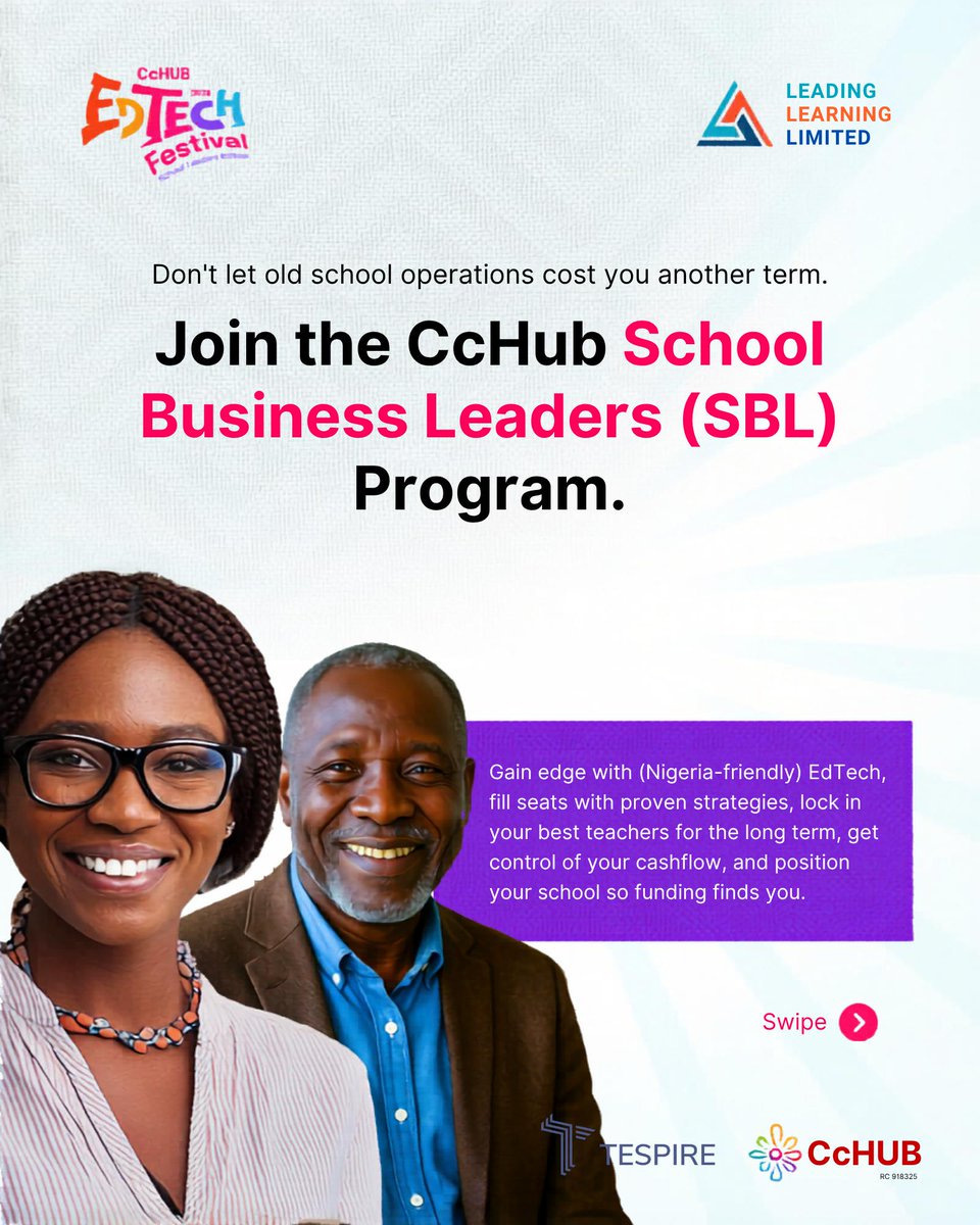 JoinTespire's tweet photo. We’re excited to announce that Tespire will be joining the CcHUB School Business Leadership Program next week.

As education continues to evolve across Nigeria, conversations around innovation, sustainability, and better school leadership have become more important than ever. We look forward to connecting with school leaders shaping the future of learning in their communities.

At Tespire, we believe schools should not struggle with outdated systems to manage operations, track learning outcomes, and improve financial sustainability.

From smarter school management tools to data-driven academic insights and improved fee collection systems, we’re excited to share how technology can help schools operate more efficiently and support better student outcomes.

📍 Abuja — 20th–21st May
📍 Port Harcourt — 25th–26th May

If you’ll be attending, we’d love to meet, share ideas, and explore possible collaborations 

🔗 School leaders can register here: https://t.co/UCO6Rvk7kg

@relearnNG @JoinTespire