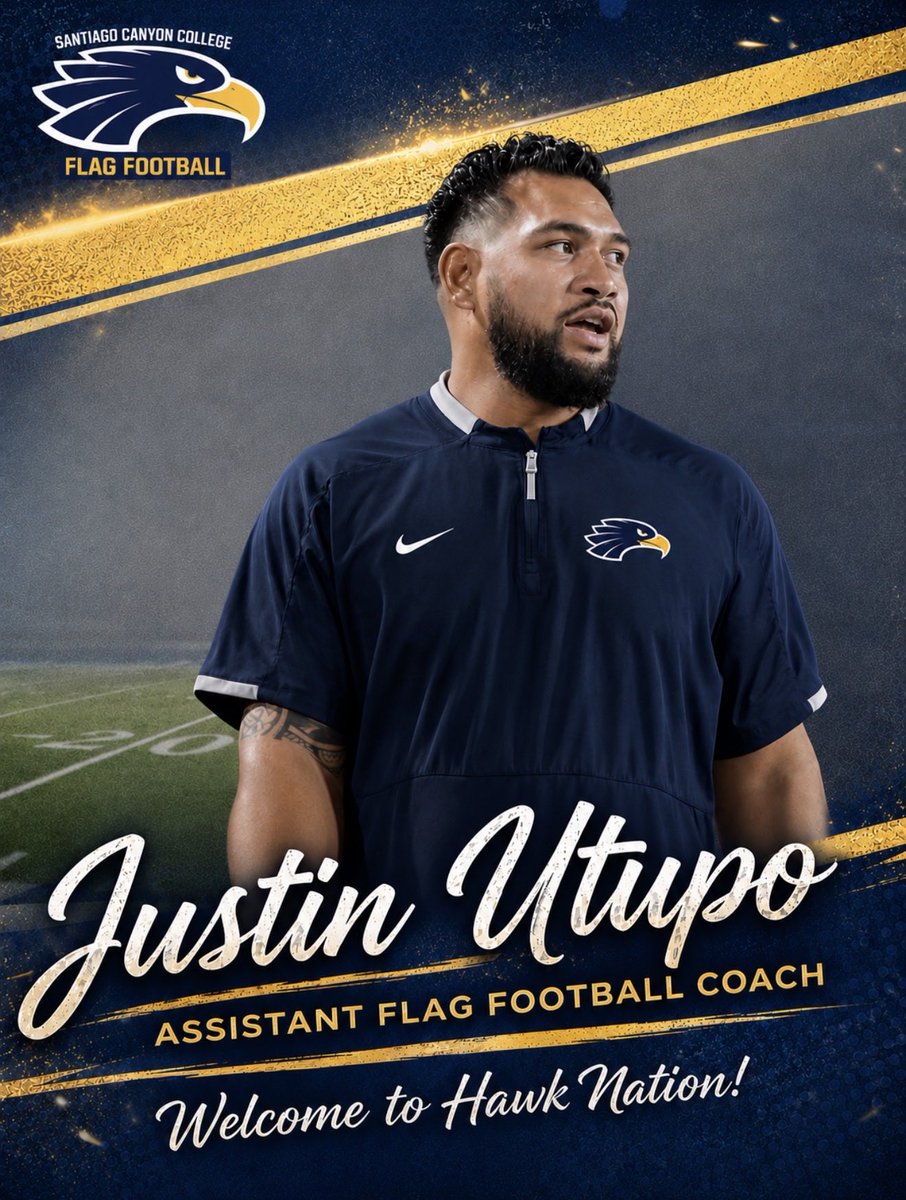 JustinUtupo's tweet photo. Excited to join the Santiago Canyon College Women’s Flag Football program 🦅

Looking forward to helping build something special at SCC while continuing to develop student-athletes on and off the field.
#FlyHawks https://t.co/JnhK3AwNt9