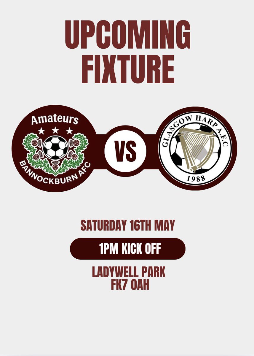 AfcBannockburn's tweet photo. Early kick-off this Saturday as the William Turner quarter-final takes place against Glasgow Harp AFC at Ladywell Park. Kick-off is at 1PM⚽️🇱🇻 https://t.co/PYnL8vxQW9