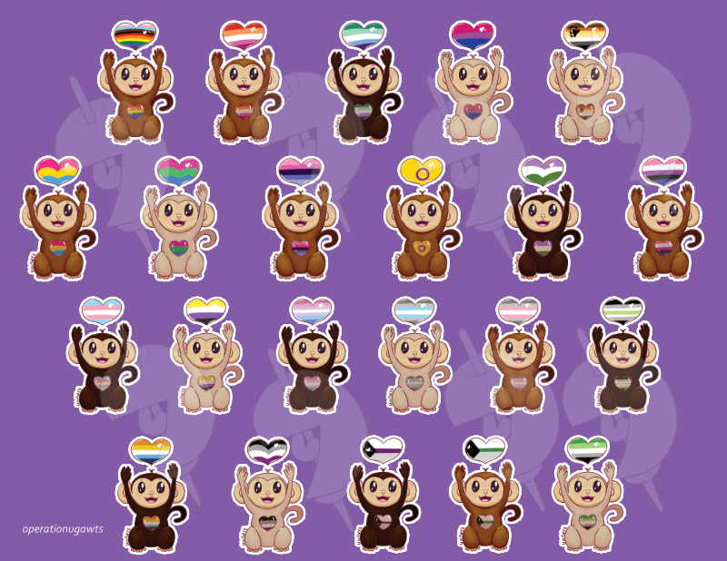 OperationUGAWTS's tweet photo. Pride is around the corner, and I'm giving my LGBTQIA+ merchandise a little refresh!  I'm bringing some cute monkeys to my summer events! 

They should be available in time for SoJo Summerfest!
  #HappyPride #animalArt #originalContent https://t.co/fZRqZOY2XH
