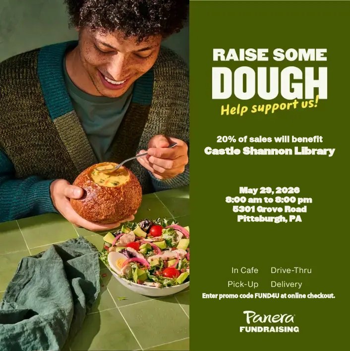 Library_CS's tweet photo. Come out to Panera Bread in Caste Village on Friday, May 29th from 8am-8pm to support our Library!

20% of net sales will benefit us.

Use code FUND4U at online checkout, in the Panera App or at the kiosk in-cafe.

Show this FLYER to your cashier when ordering at the cafe. https://t.co/119Qi3jzdZ