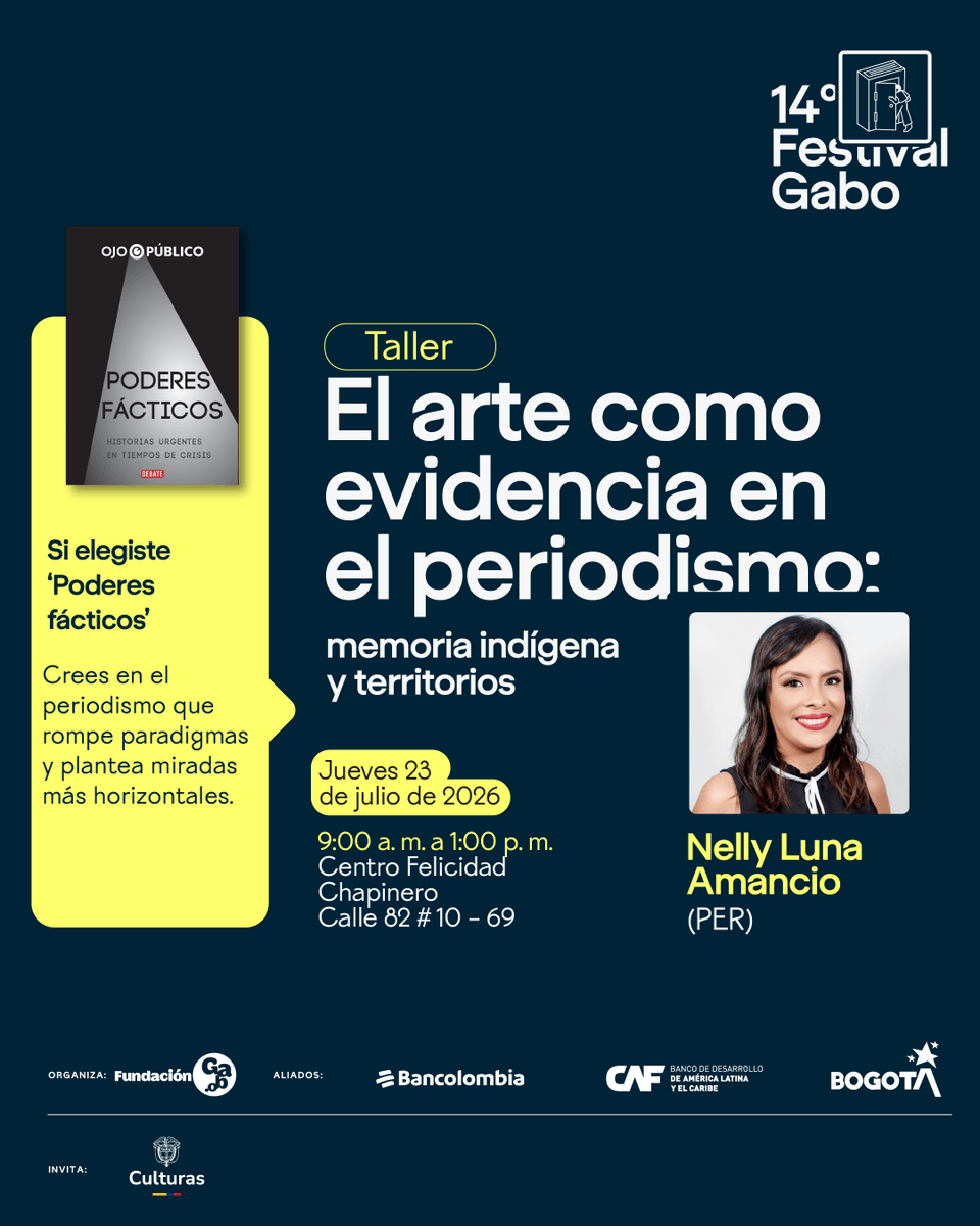 FestivalGabo's tweet photo. @SilviaBacher @Beltxun Aléjate de la mirada tradicional con el taller ‘El arte como evidencia en el periodismo: memoria indígena y territorios’, con Nelly Luna Amancio (@nellylun) 🇵🇪.

➡️ https://t.co/8a7ErSnd8T https://t.co/ImmoTVZ1sv